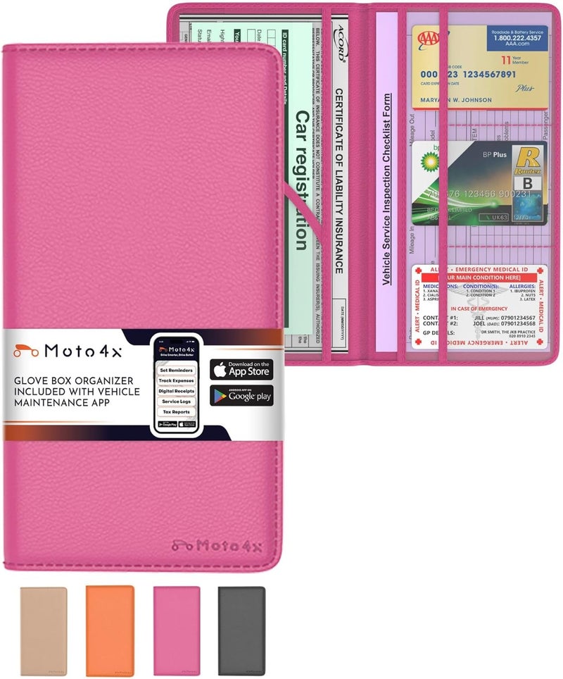 MOTO4X Pink Magnetic Shut Insurance and Registration Holder, Premium PU Leather Glove Box Organizer for Car, Popular Car Accessories for Girls, Organize Vehicle Documents with style, Size 9.5 in x 5.1 in - Image 1